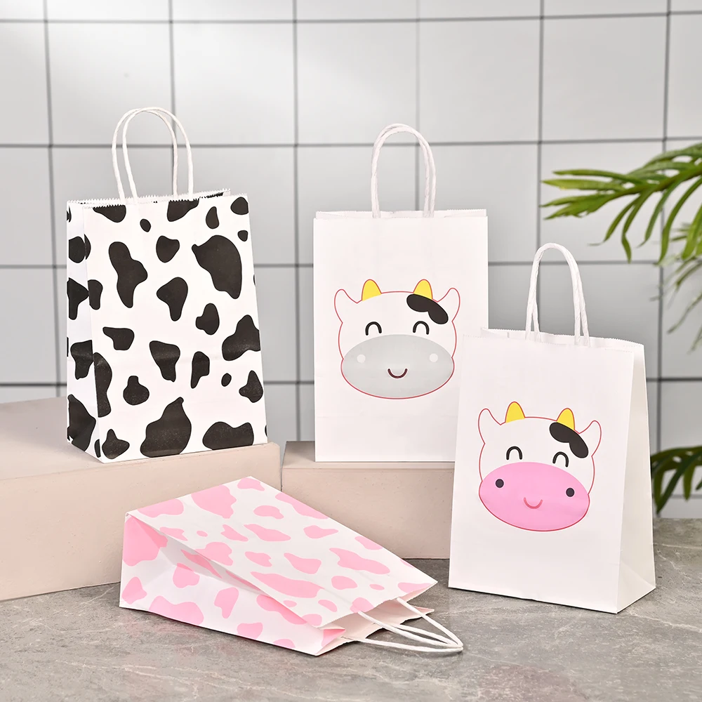 STOCK 21*15*8cm Birthday Party Kraft Paper Bags Printing Party Decoration Animal cow Gift Bags Kids Tote Bag