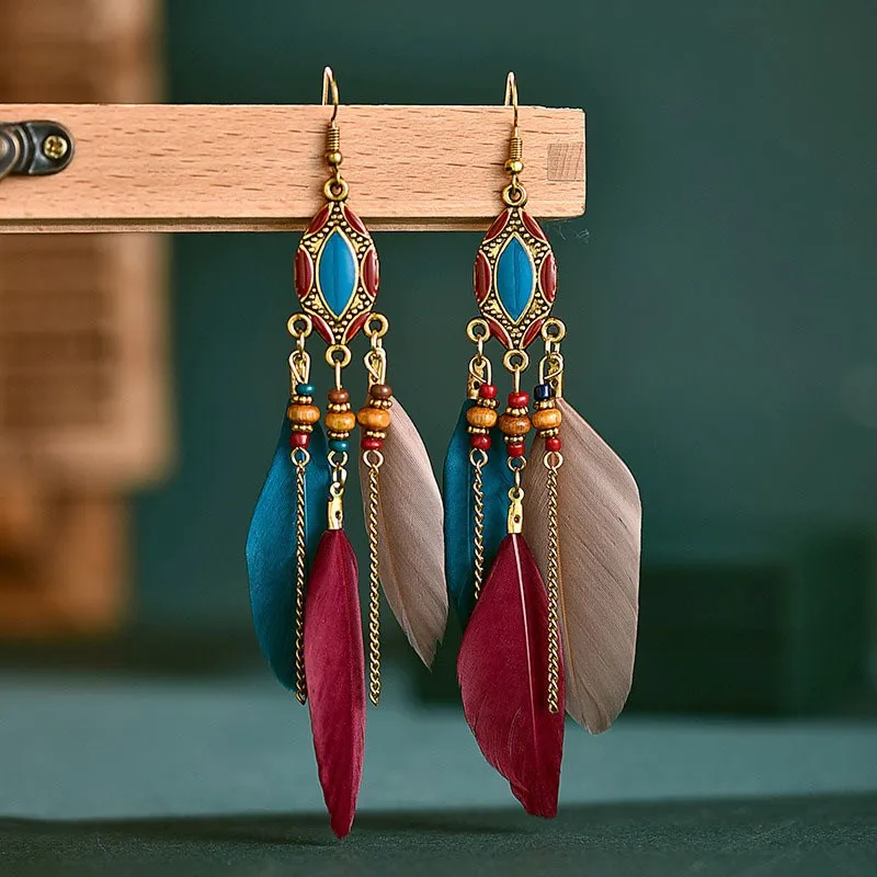 Bohemian Ethnic Style Long Feather Earrings Hoop Earrings Gold Gift Paper with Tassel Chain Fashion Carton Women's BOHEMIA