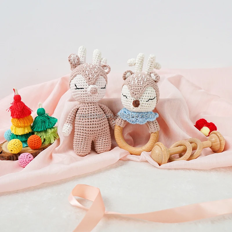 Handmade  Amigurumi Toys Crochet Reindeer Set Crochet Newborn Gift Rattle Teether Set