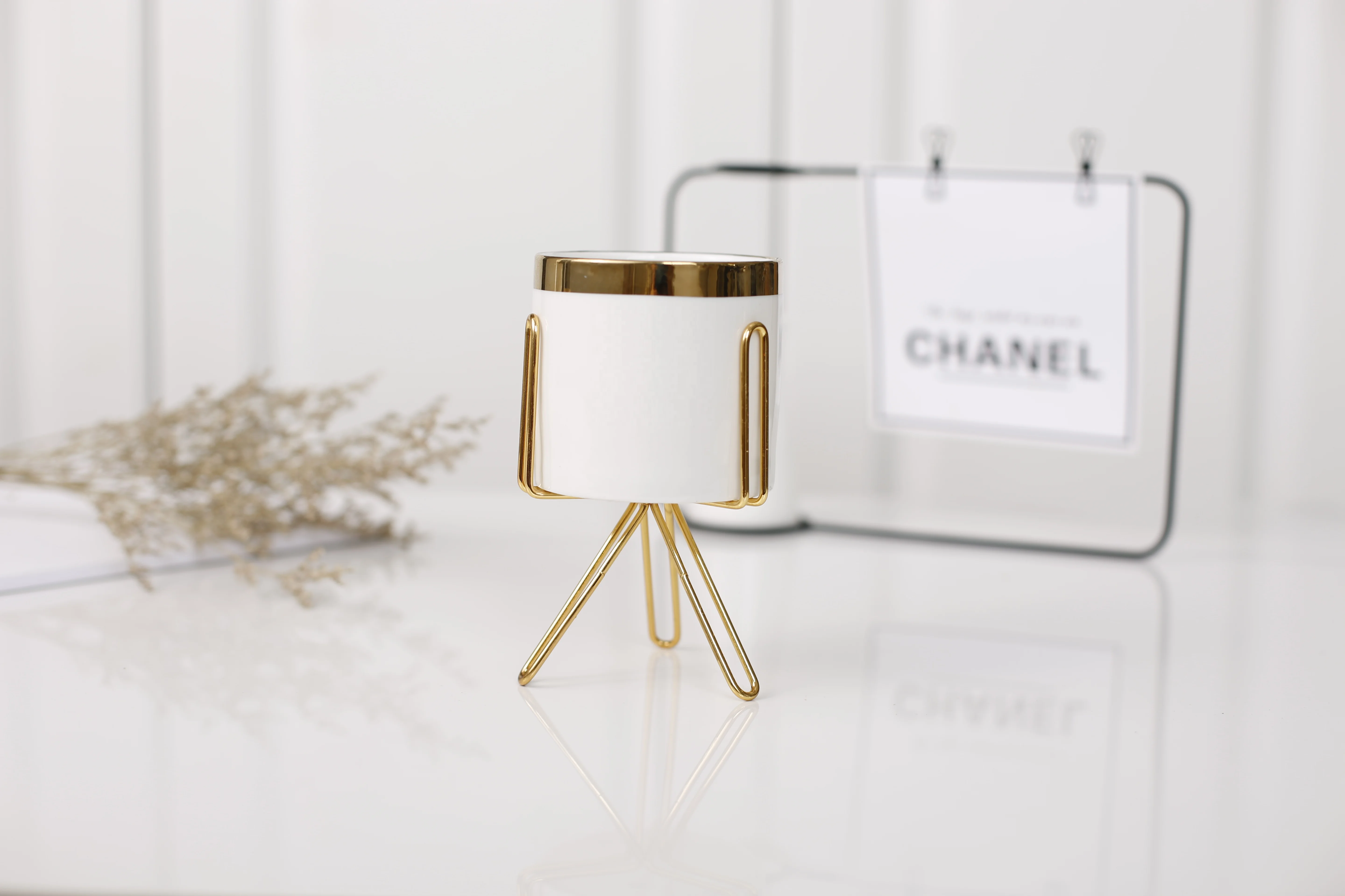 
Nordic ins ceramic iron home office pot with golden edge/simulated fleshy flower pot(white) 