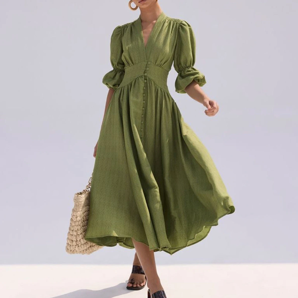 Custom High Quality Ladies Elegant Midi Long Cotton Linen Dresses For Women