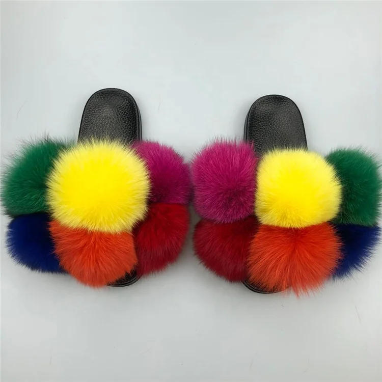 
custom logo indoor eva sole slide sandal colorful 100% fox fur slipper 