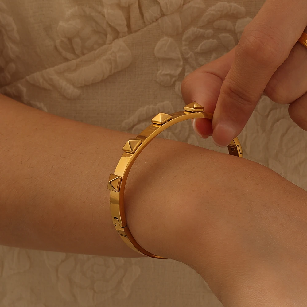 Pyramid Gold Color Charms Bangle Geometric Jewelry Stainless Steel Rivet Bracelets for Women Fashion Sets