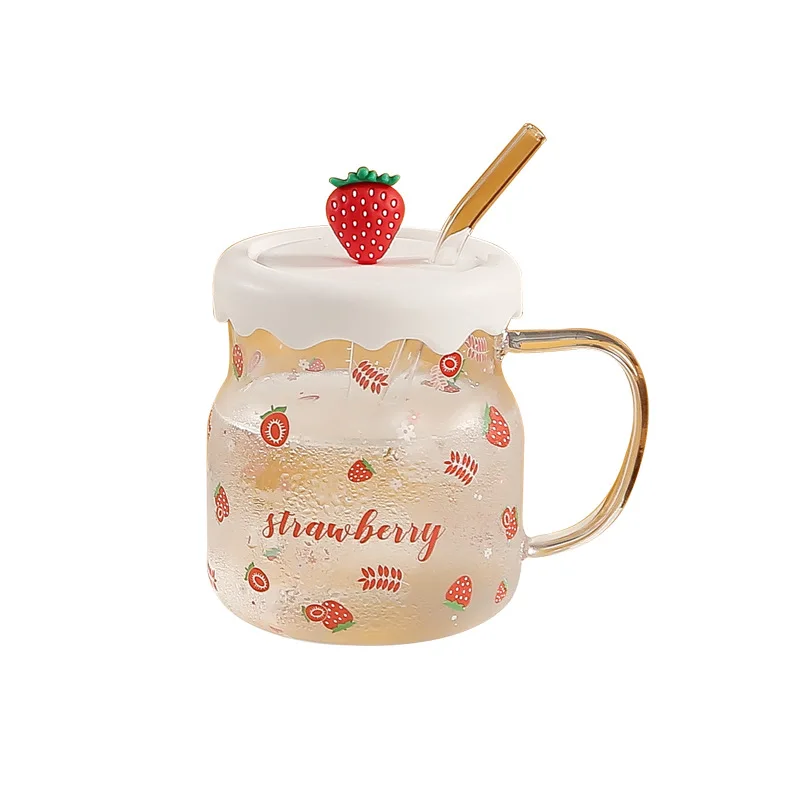 Wholesale Creative Glass Mugs Cute Fruit Glass Water Cup With Straw and Lid