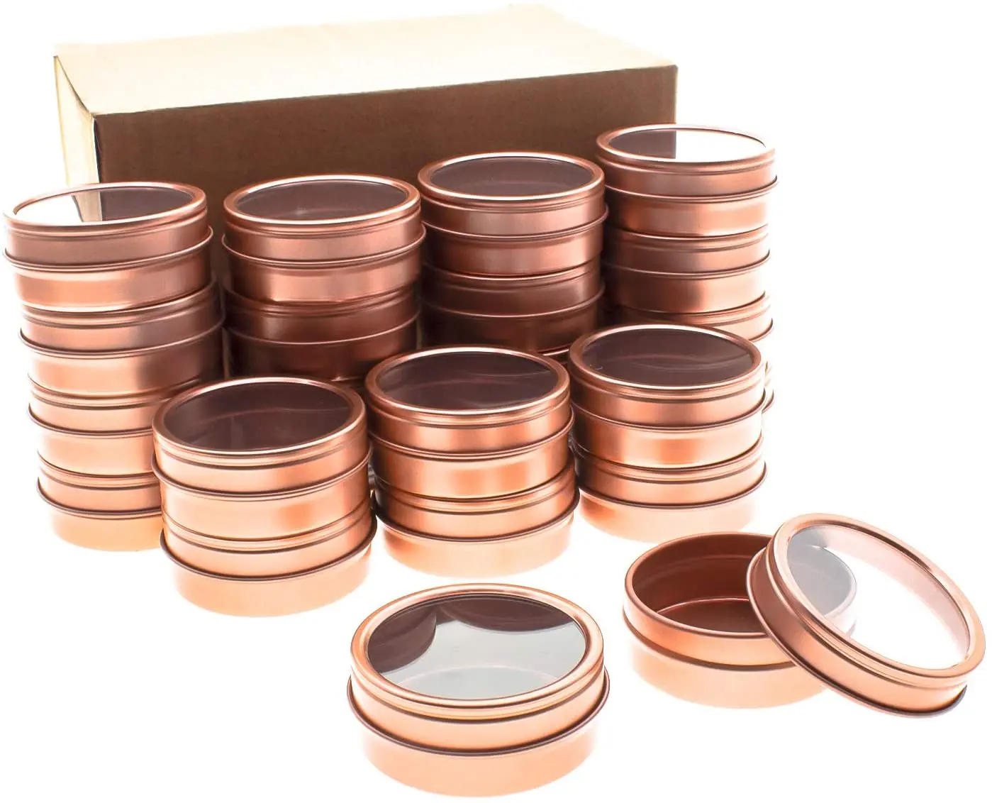 Multipurpose Empty Rose Gold Shallow Round Aluminum Tins with Clear Window Lids