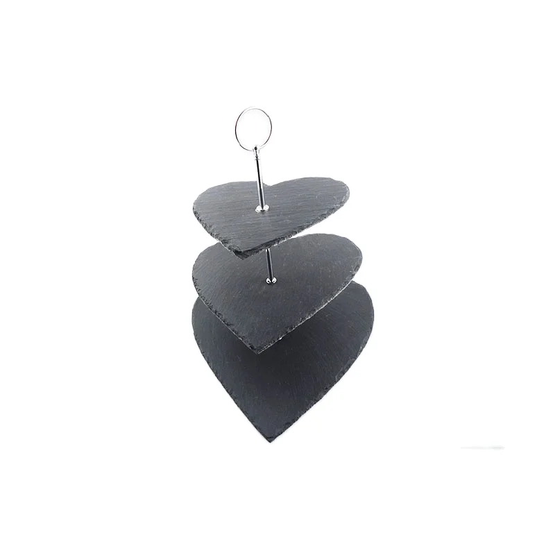 Factory Direct Price Natural Edge 30*25*34cm Heart Shape Black 3 Tier Slate Cake Stand Stone Cake Stand With Metal Handle