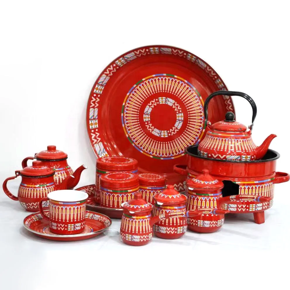 Arabic Style Classic 1.5L Enamel Teapot Set Colorful Turkish Tea & Saucer Plate Sugar Pot with Cup Water Usage