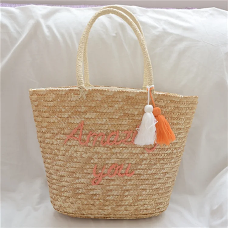 Custom Bohemian Pom Pom Women Straw Bags Large Spring And Summer Straw Basket Beach Large Tote Bag With Monogram