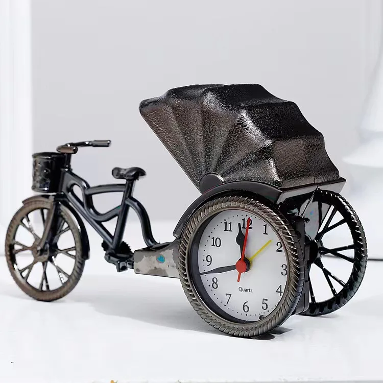 2024 Raymons Retro Rickshaw Analog Silent Quartz gold Vintage Creative Mechanical Desk Three Wheels Cargo bike Tricycle Alarm Clock