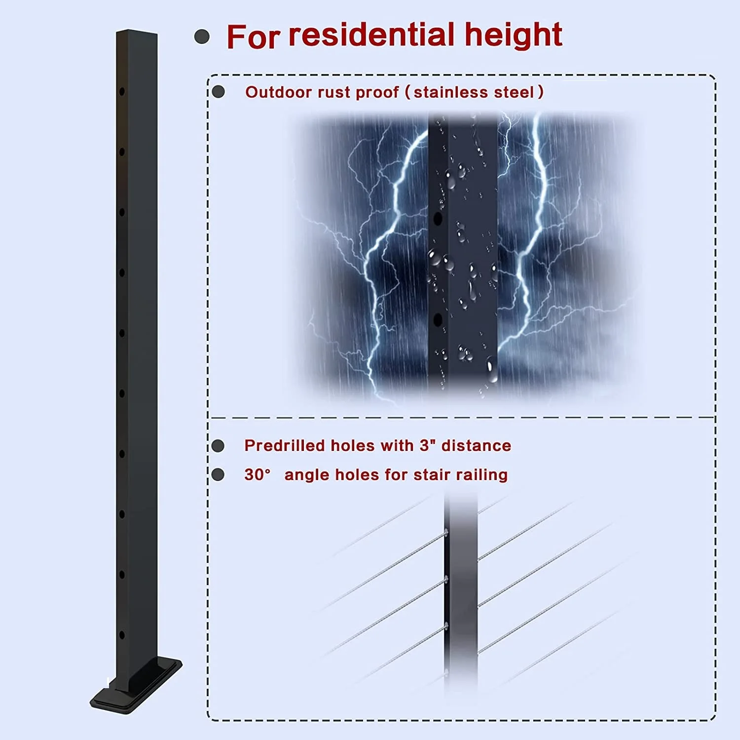 TAKA Assembled Weldless Stainless Steel Black Powder Coated Side Mount Surface Mount Posts Deck Stair Cable Railing Post