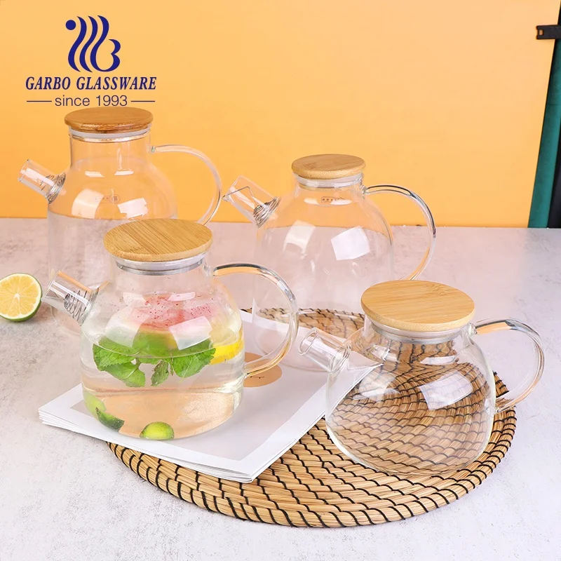 304 stainless steel filter bamboo lid heat resistant clear high borosilicate glass teapot water juice jug set in 1L 1.5L 2L