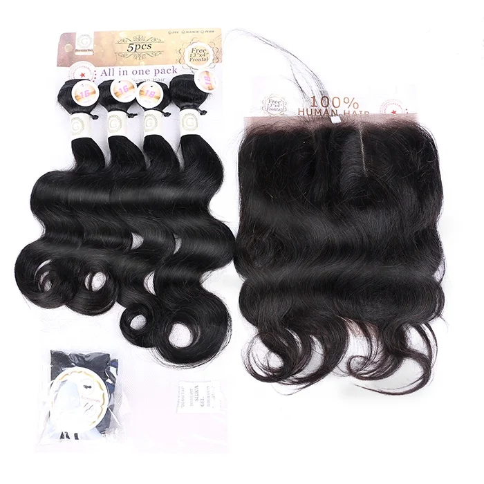 Guaranteehair Packet hair body wave 100 % human hair 4 bundles and one frontal one set 280gram for make one head good price