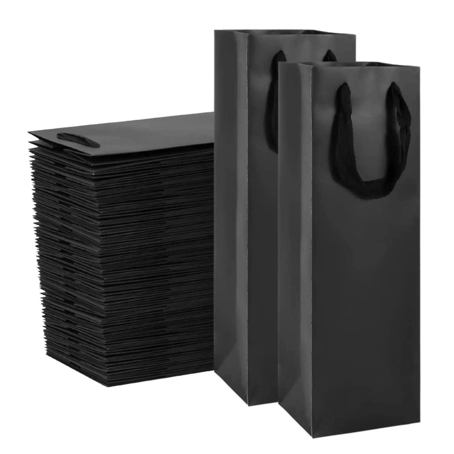 High Quality Custom Print Logo Eco Friendly Reusable Black Paper Gift Bags Wine Bottle Packaging With Handles