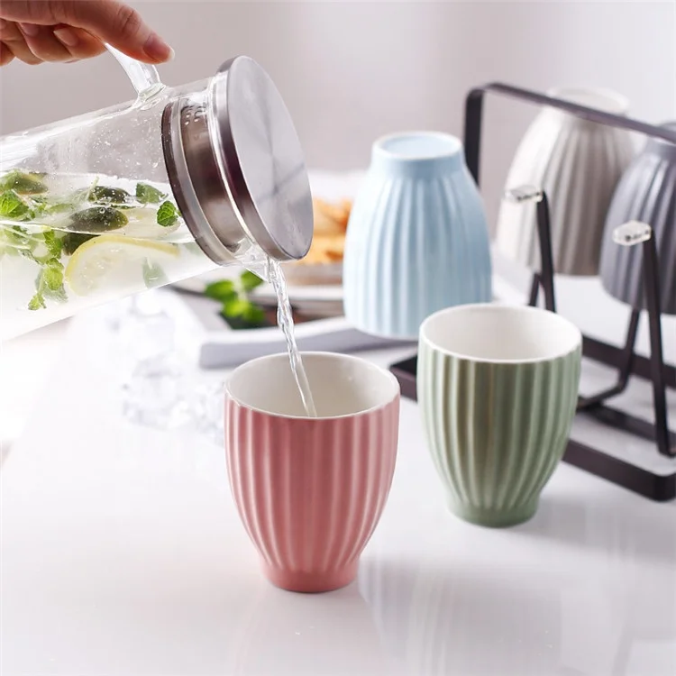 Macarons color  vertical stripes design home good 280 ml ceramic coffee mugs without handles with holder