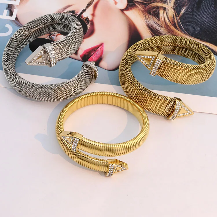 BS2068 Hiphop Chunky Exaggerated Gold Plated Stainless Steel Cobra Mesh Rhinestone Crystal Pave Triangle Spike Open Cuff Bangle