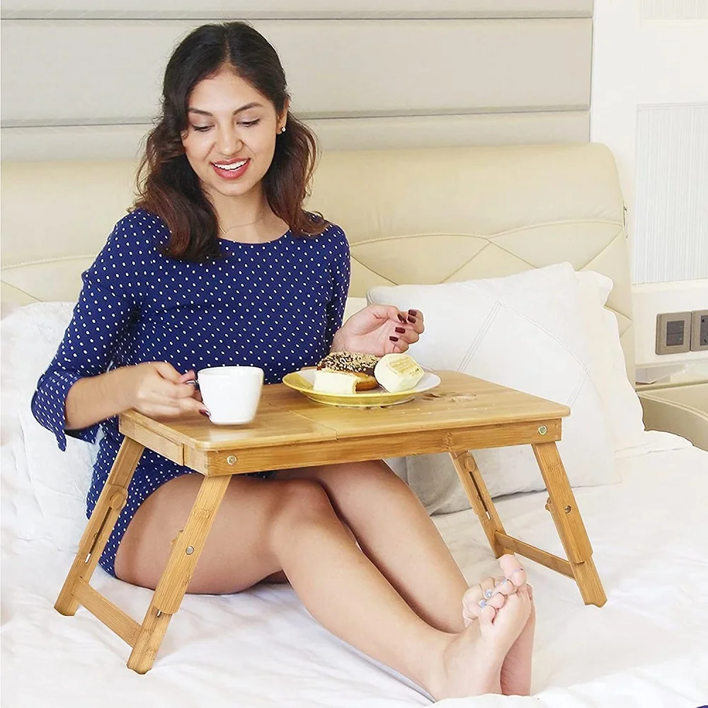 100% bamboo notebook computer table breakfast service bed tray computer notebook bracket adjustable and foldable