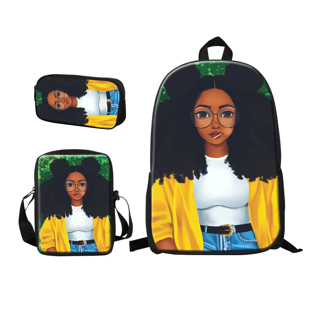 School Supplies 3PCS African Girl Print Primary/Middle School Students Bookbag Satchel Sets Travel Daypack Rucksack 16 Inch