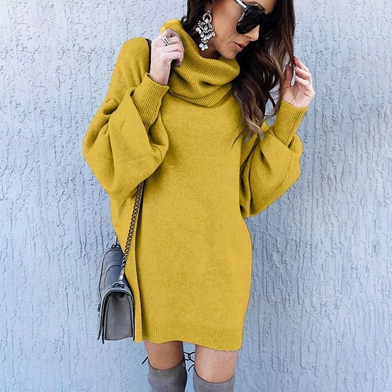 Solid  turtleneck long sleeve sweater dress women autumn winter loose tunic knit pullovers sweater casual knitted dress