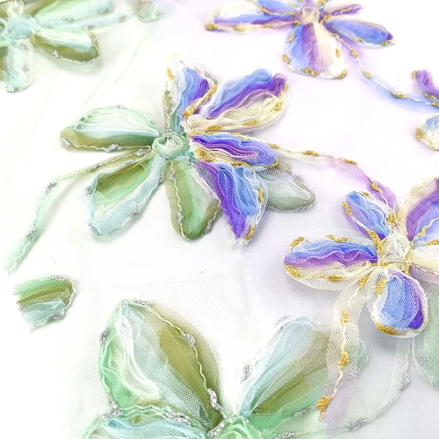 Purple Colorful Big Flower Metallic Rope Embroidered Ribbon Embroidery Lace Fabric for Girl Party Dress