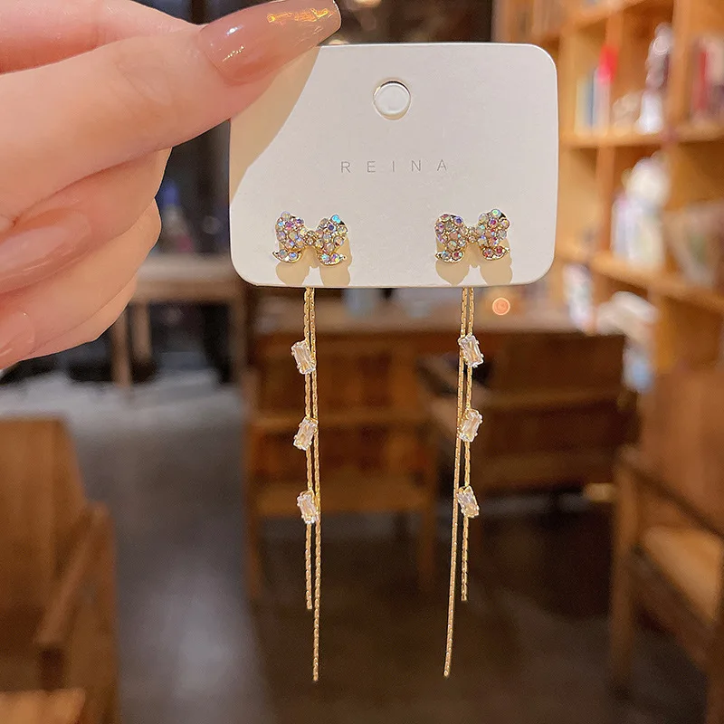 Temperament Fringe Rhinestone Earrings Bling Bling Earrings Bow Fashion Jewelry Stud Earrings