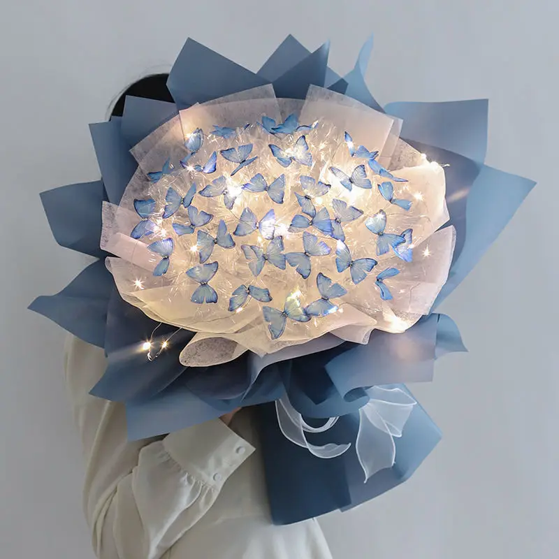 Artificial Flower Bouquet 33pcs with LED String Lights DIY Butterfly Bouquets for Woman Lovers