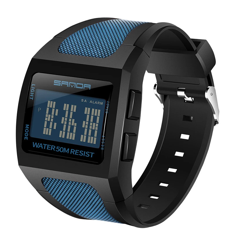 SANDA 222 exclusive plastic band Luminous digital week display mans cool black men digital watch