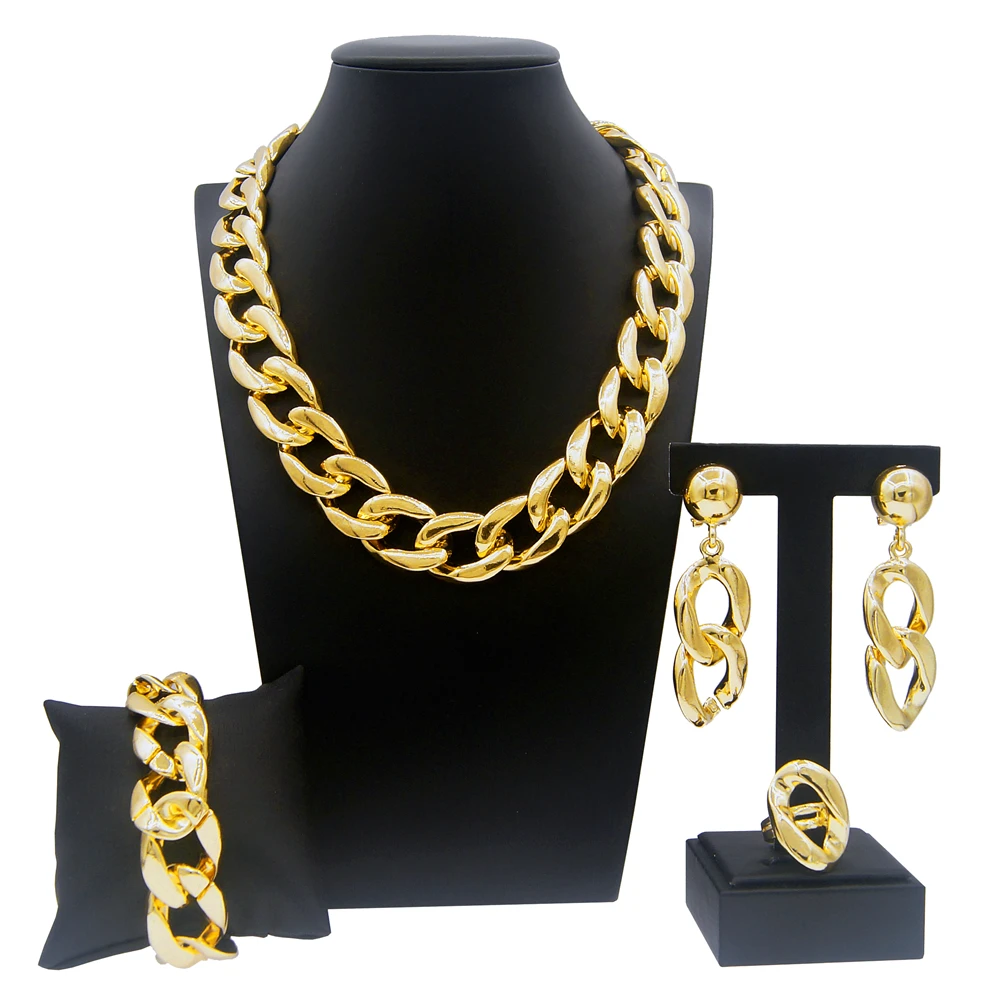 Yulaili 24K Gold Plated Jewelry Set 2024 Fashion Elegant Gold Cuban Chain 45cm Length Necklace Set Women Costume Accessories