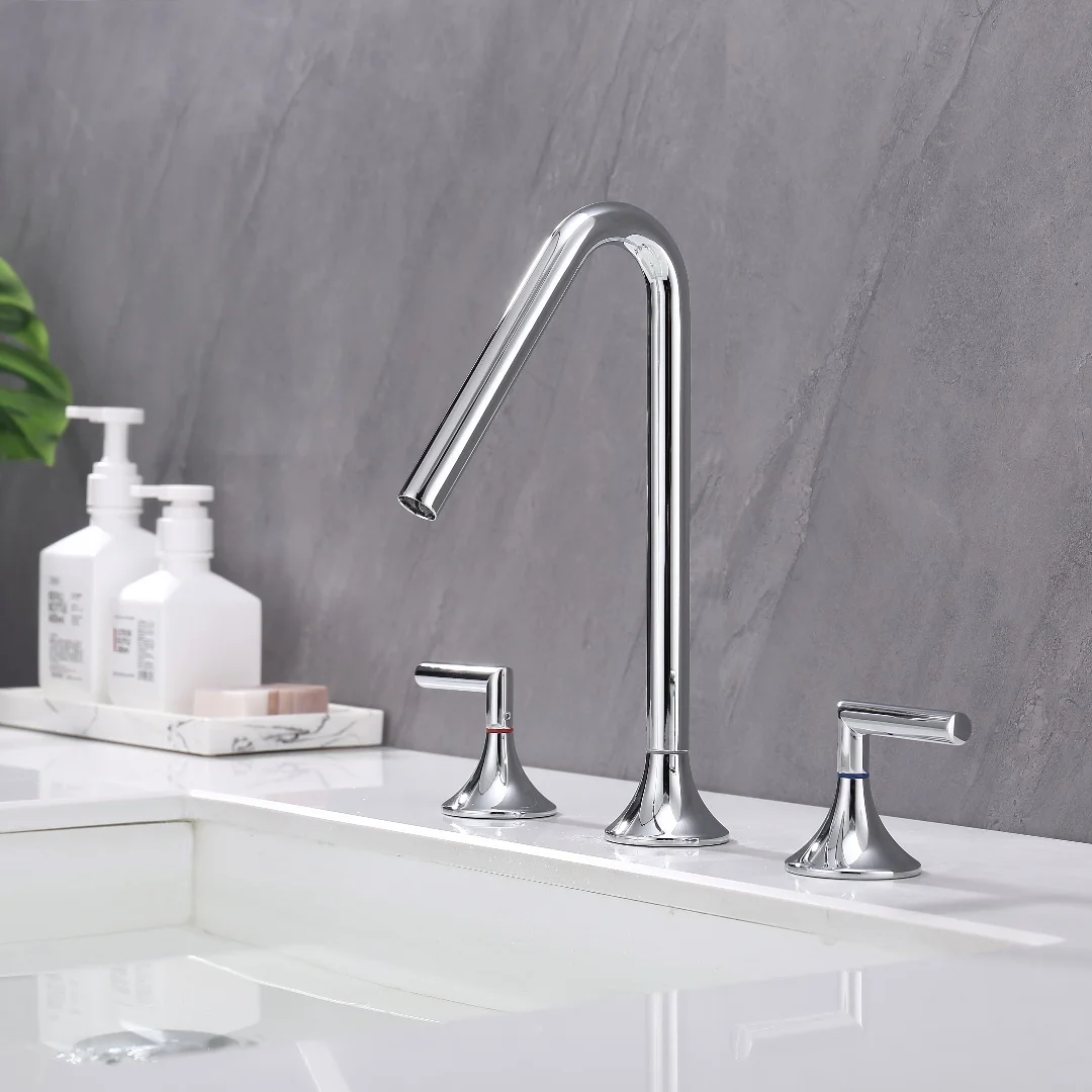 High Quality Brass Deck Mounted Three Hole Dual Handle Washroom Sink Water Taps Rotary Hot And Cold Basin Faucet