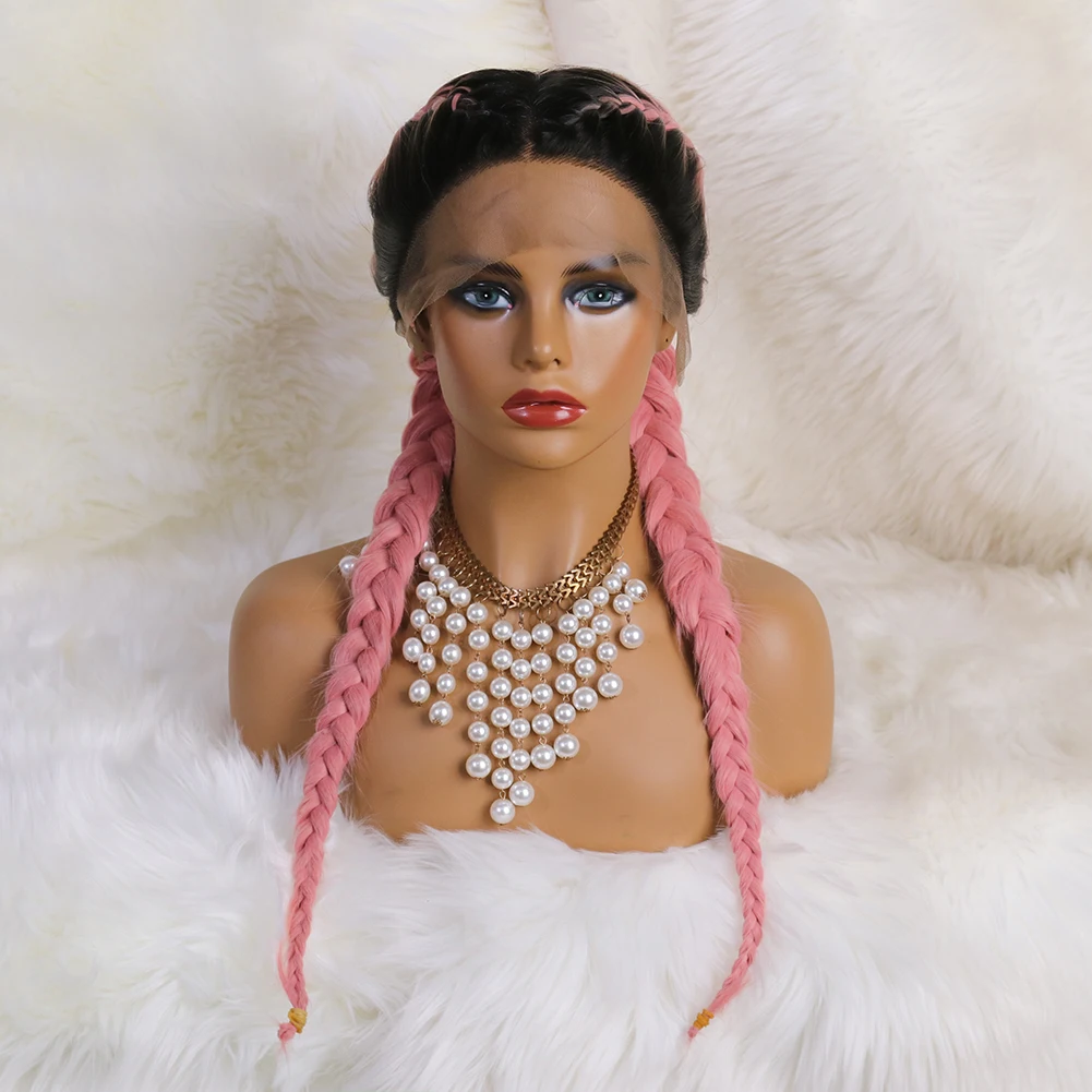 Blonde Ombre Black Double Braided Wigs Middle Part Synthetic Lace Wig Heat Resistant Colorful Lace Wig For Women Amazon Hot Sale