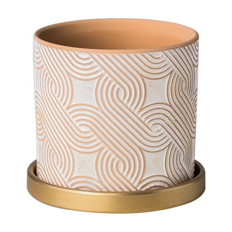 Creative cylinder home balcony decoration bonsai pots indoor decorative terracotta embossed flower pot