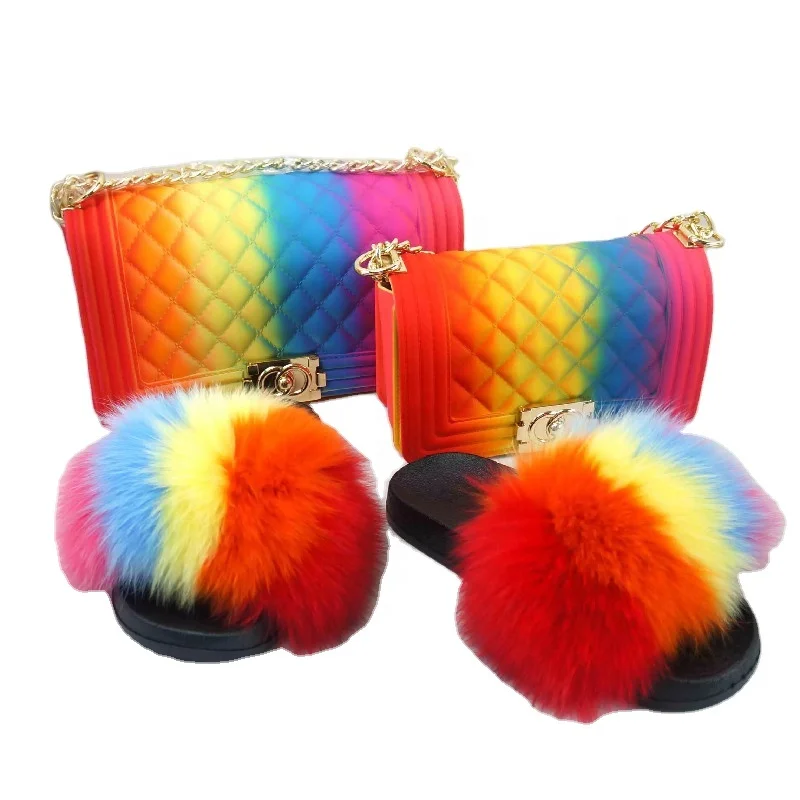 
Fox fur designer purse slides Wholesale jelly purse slippers real soft fur slides purses for women suit 