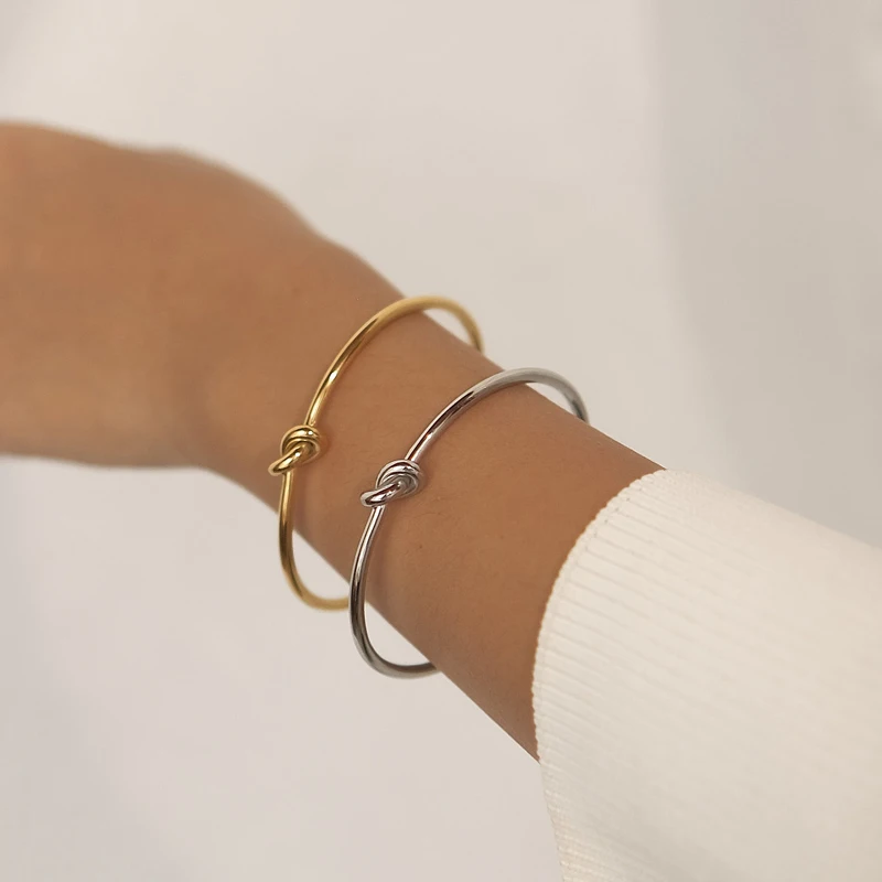 Minimalist 18K Gold Plated Stainless Steel Cuff Bangle Bracelet Handmade Love Knot Bangles Jewelry Women Tarnish Free