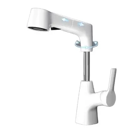 Brass adjustable height pull out double functions white artistic hot and cold basin faucet