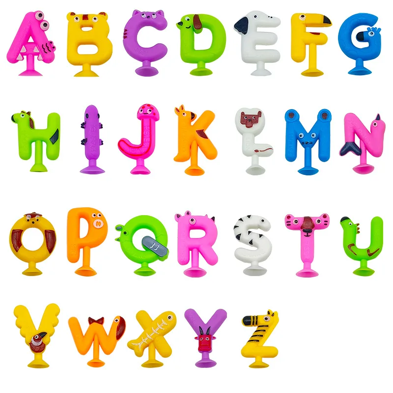 Kids Bath Toys 26pcs Alphabet Toddler Educational Games Sensory Fidget Water Toys TPR Sucker Suction Cup Animal Toy