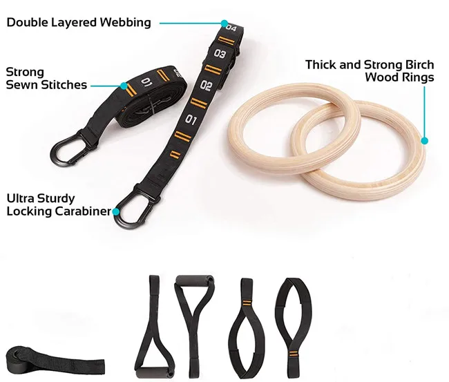 Wooden Gymnastic Rings with Adjustable Numbered Straps and 1.1'  Rings for Core Workout and Bodyweight Training