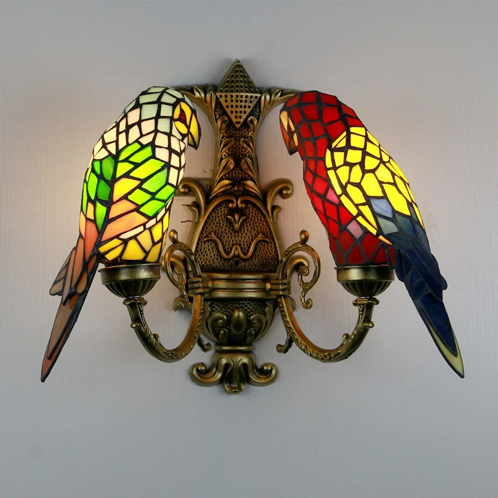 LongHuiJing Tiffany Style Wall Sconce Light Fixture For Bar Cafe Studio Home Decor Stained Glass Vintage Antique Style Parrots