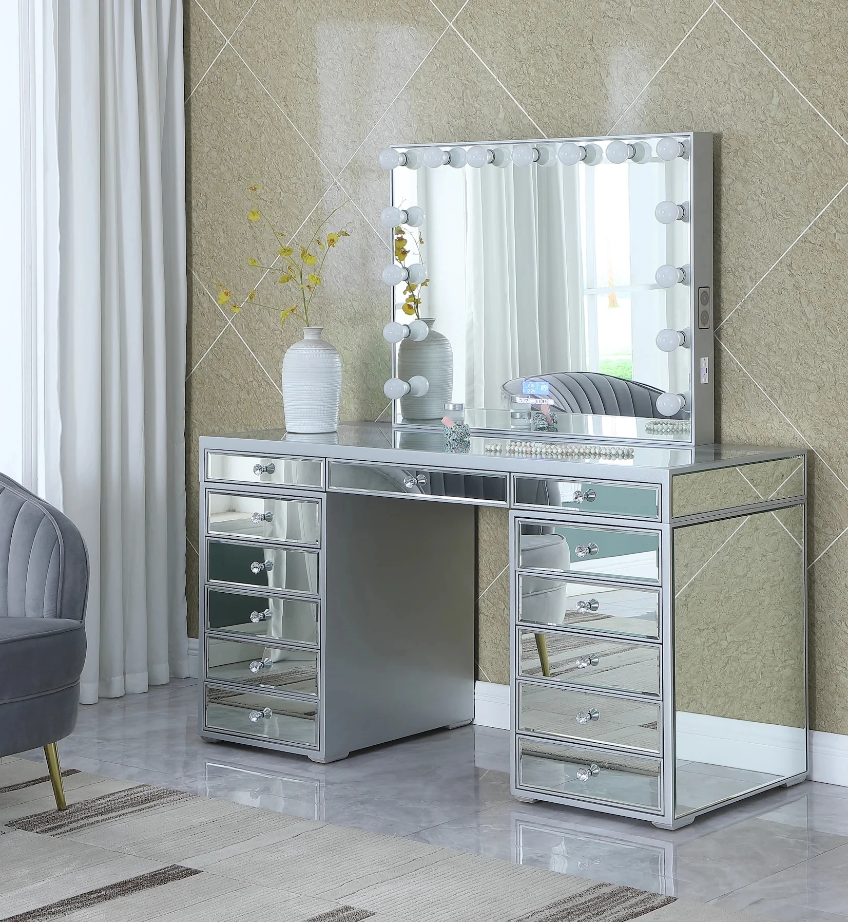 Bed Room Hollywood Mirror Modern Glam White Painting Dresser Vanity Dressing Table