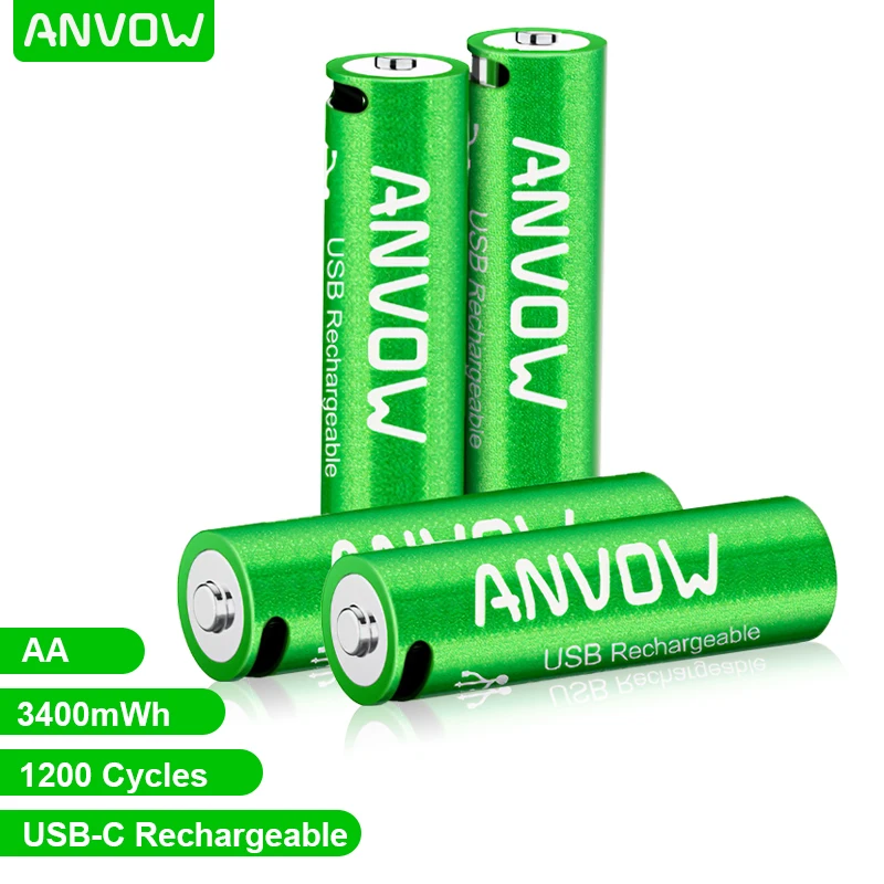 Anvow 1.5v usb c AA AAA Recharge Battery for  Remote Control Toys AA Rechargeable Batteries