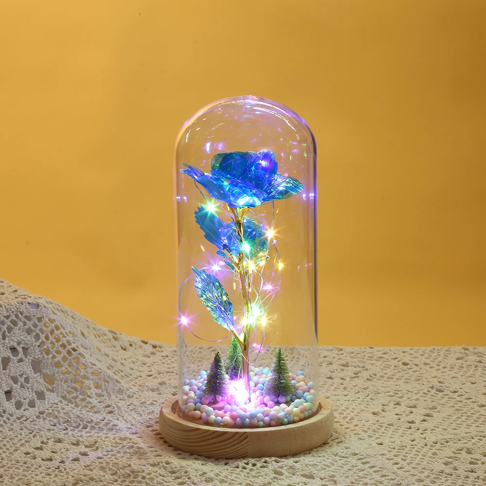 Factory Supply Attractive Price Artificial Flowers Led Lights Galaxy Rose in Glass Dome