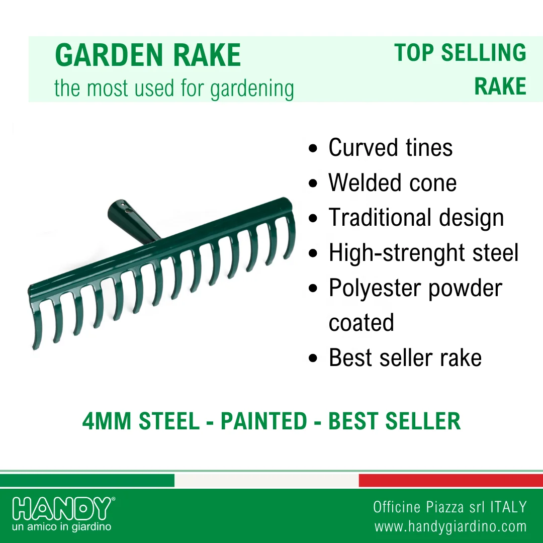 Superior Quality 10 Tine 4mm Italian Steel Landscape Rake for Farming Gardening & Agriculture Wood Handle Made in Italy