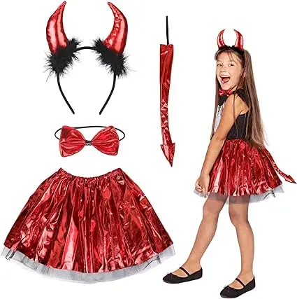 Kids Halloween Devil Costume Devil Fancy Dress Up Outfit with Red Devil Horns Headband Skirt Demon Tail Bow Tie for Girls