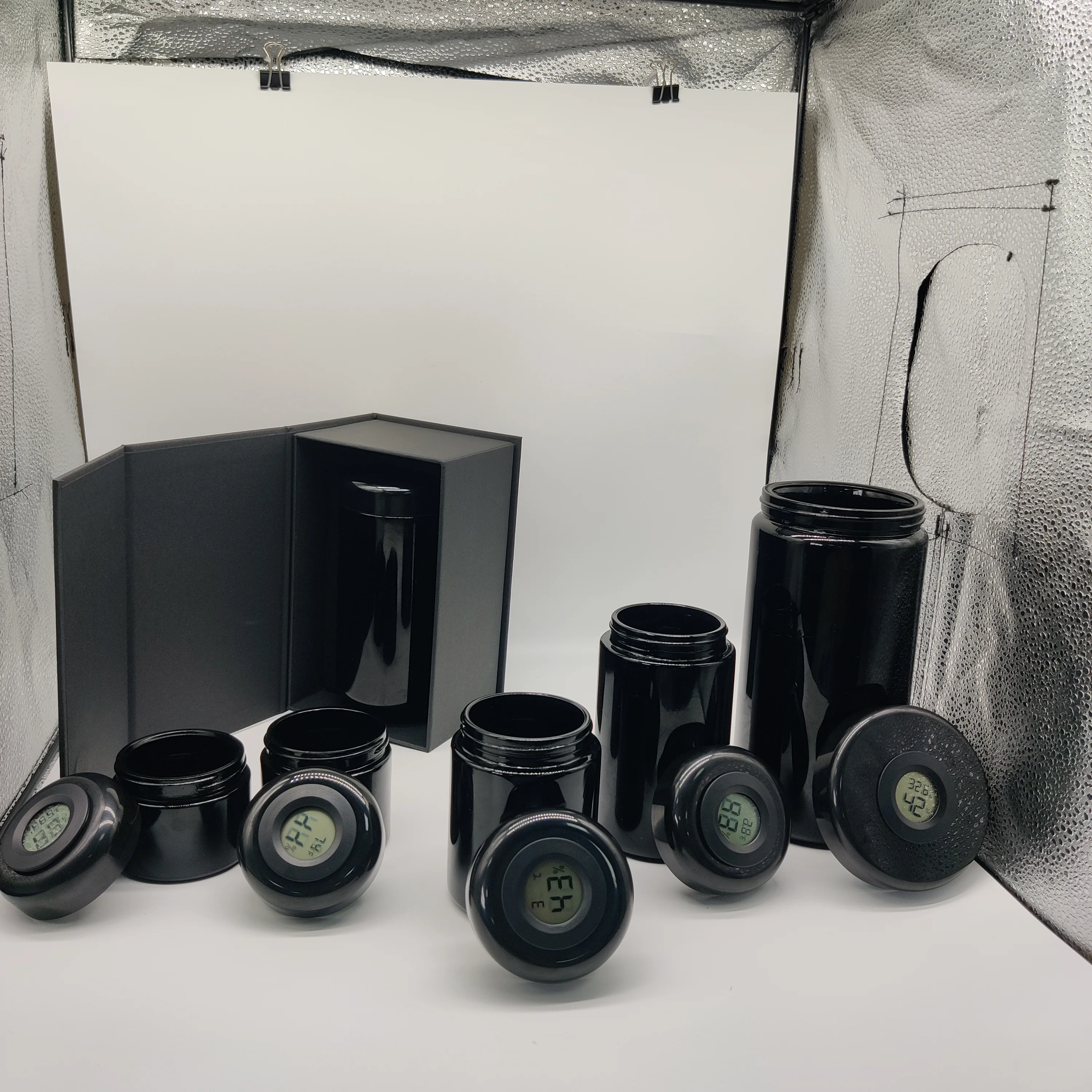 wholesale flower packaging stash jar UV proof glass jar 35 gram black glass jar with thermometer Hygrometer on the lid