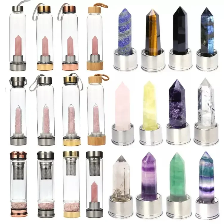 Nature Amethyst Glass Water Bottle With Crystal Stone Inside And Gem Stones Wholesale