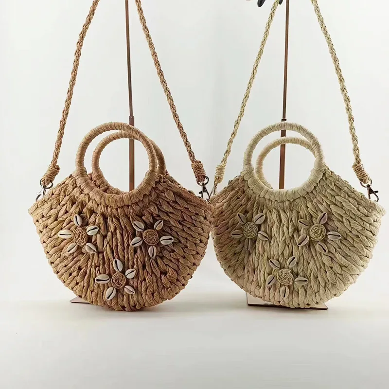 2024 Raffia Grass Bag Half Round Sea Grass Bags Seashell Woven Crossbody Shoulder Bag Beach Straw  Handbag for Women