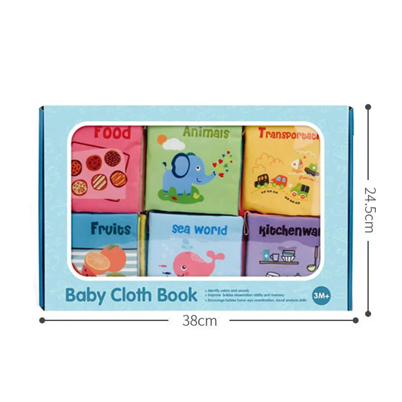 Wholesale baby cloth books 6pcs early education infant cartoon teething  fabric book kids can bite washable cognition book toys