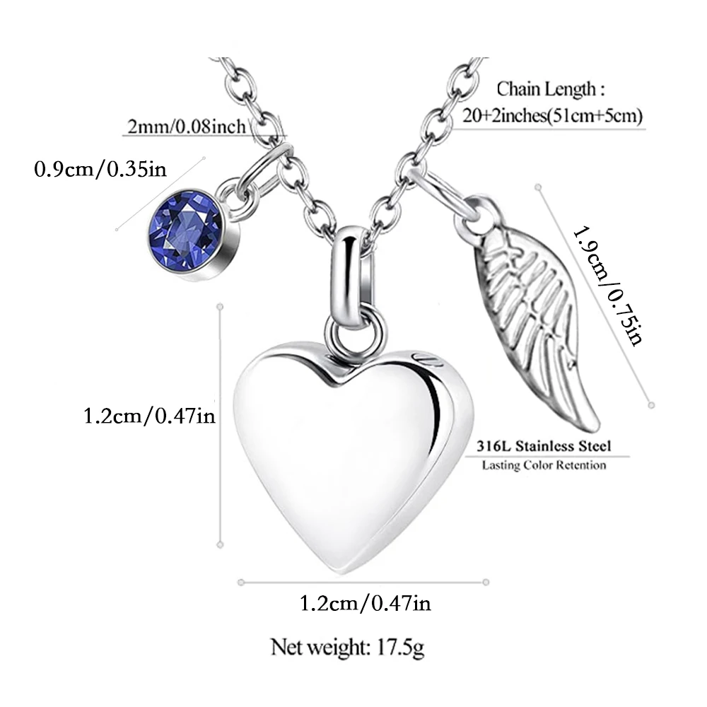 Heart with Angel Wings and Birthstone Pendant Necklace Cremation Urn Fashion Jewelry Keepsake Memorial for Human Pet Ashes