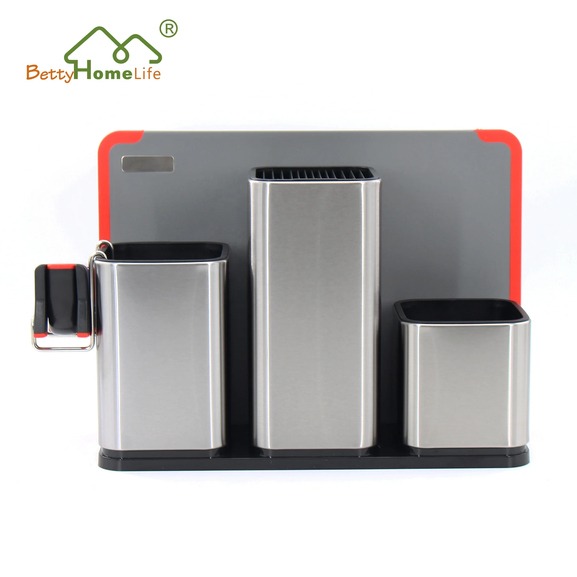 New Arrival High Quality Stainless Steel Multifunction Knife Utensils Storage Holder with Cutting Board and Knife Sharpener Set