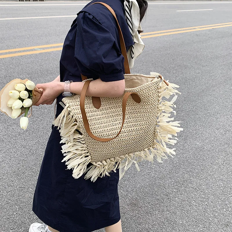 fashion new french womens summer beach handmade travel straw raffia tassel tote bag pouch bag with straw