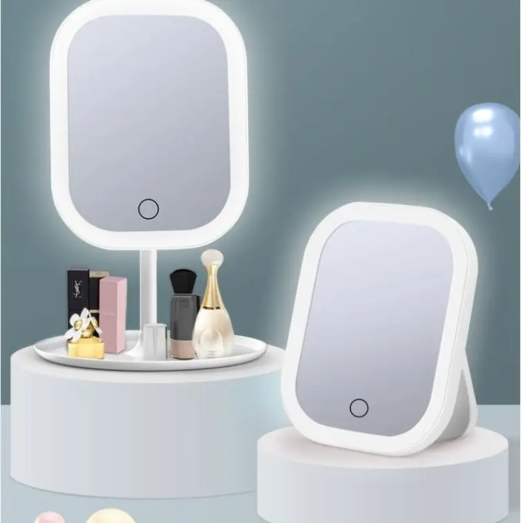 Led vanity mirror 3-color band fill light vanity mirror female folding dormitory square desktop beauty mirror