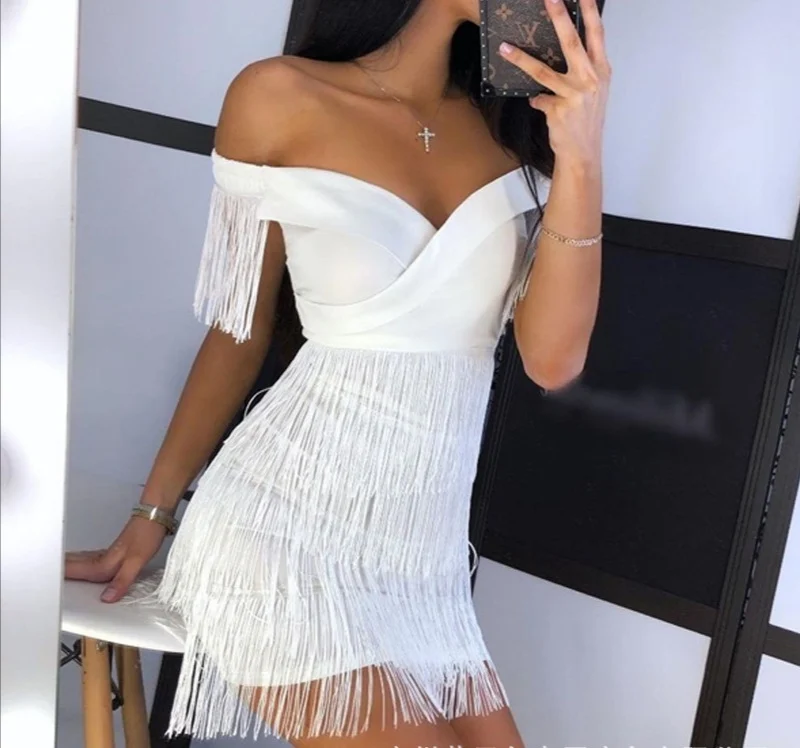 2020 New Arrival High Quality Women off shoulder summer slim Tassels party mini women evening dresses
